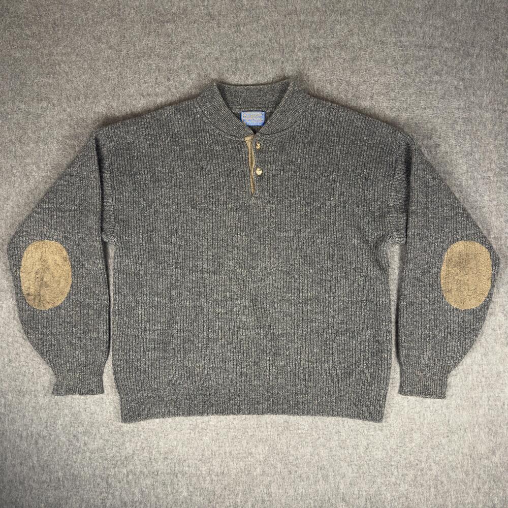 Vintage Pendleton Sweater Mens Large Gray Wool Henley Elbow Patch Knit USA